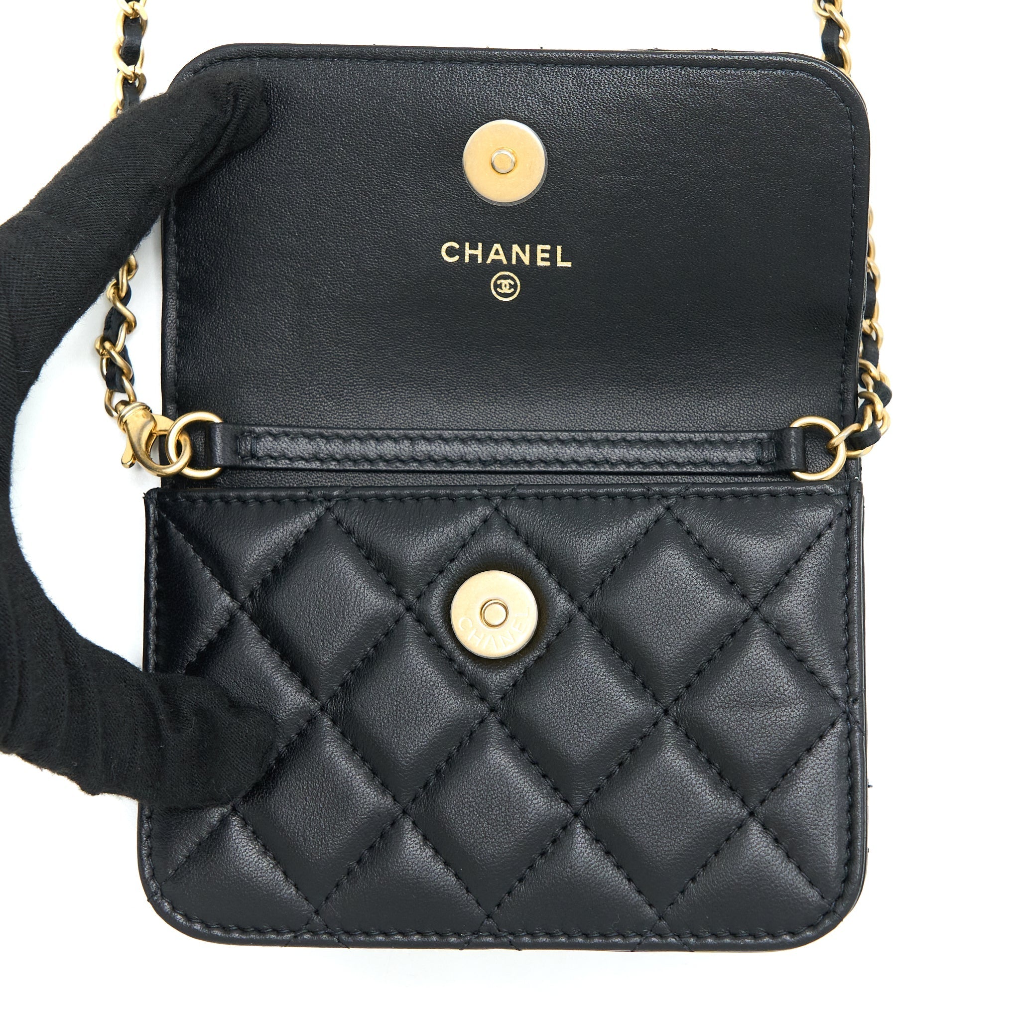 CHANEL PEARL CRUSH MINI FLAP BELT BAG WITH CHAIN LAMBSKIN BLACK BRUSHED GHW