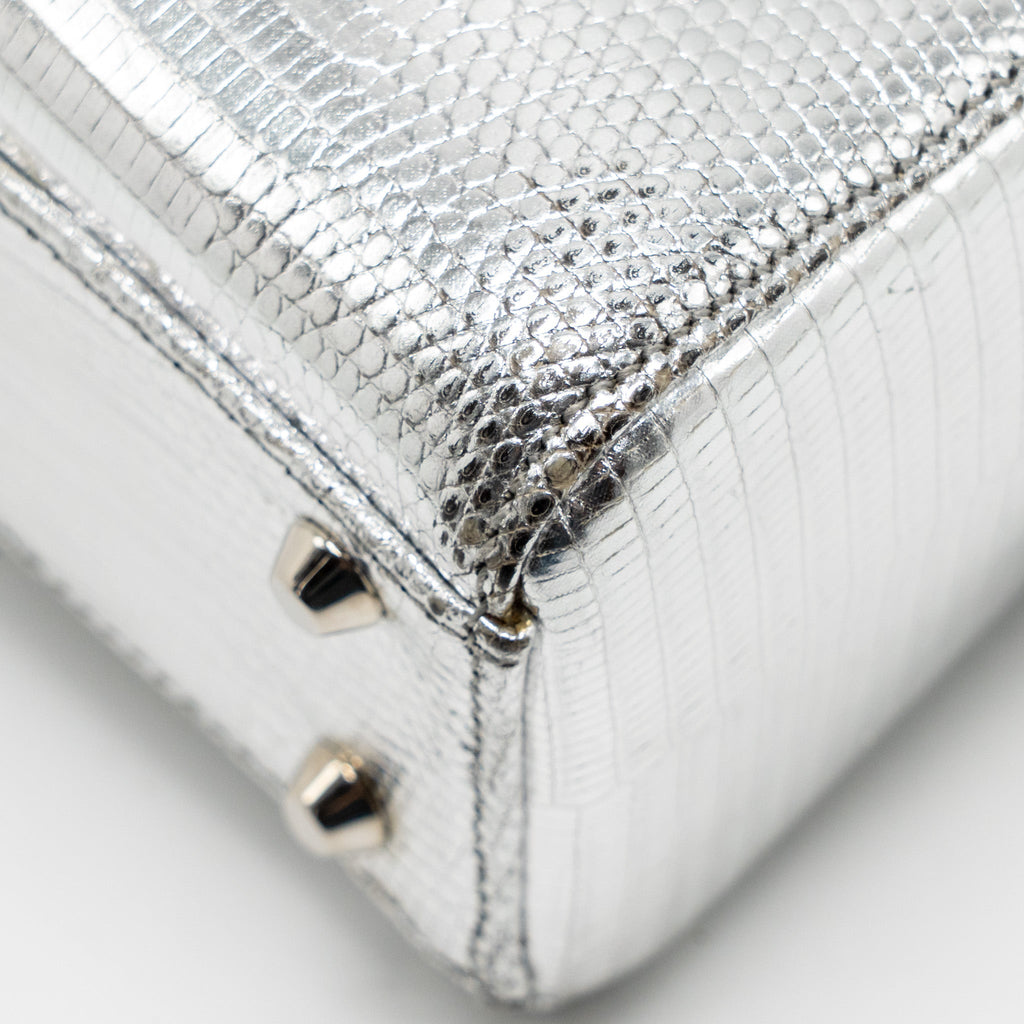 DIOR MINI LADY DIOR FLOWER STUDDED METAL HANDLE LIZARD SILVER SHW