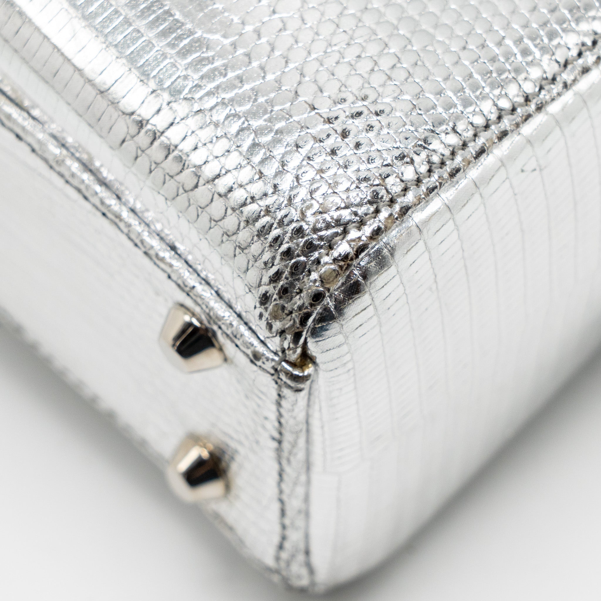 DIOR MINI LADY DIOR FLOWER STUDDED METAL HANDLE LIZARD SILVER SHW