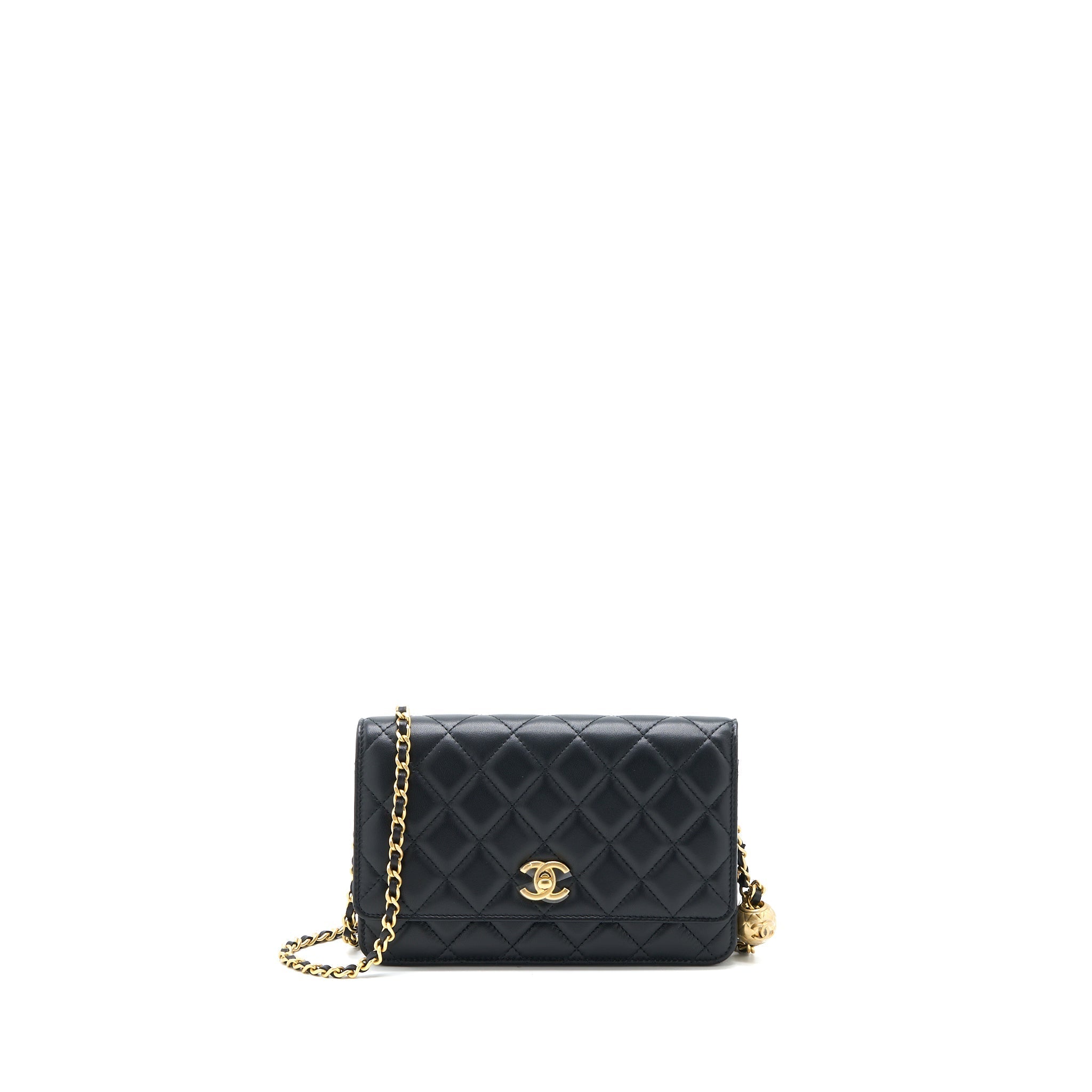 CHANEL PEARL CRUSH WALLET ON CHAIN LAMBSKIN BLACK BRUSHED GHW (MICROCHIP)