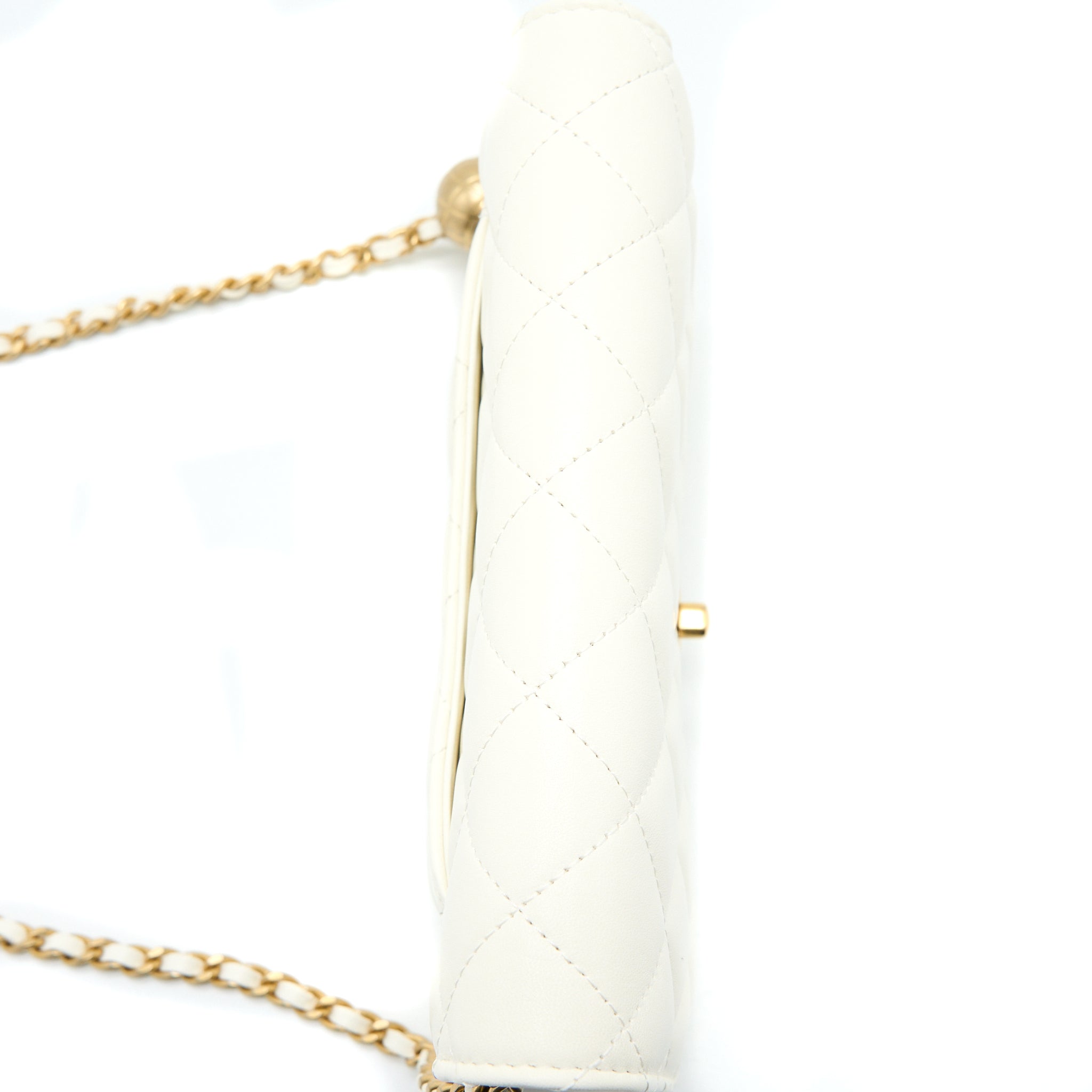 CHANEL PEARL CRUSH WALLET ON CHAIN LAMBSKIN WHITE BRUSHED GHW (MICROCHIP)