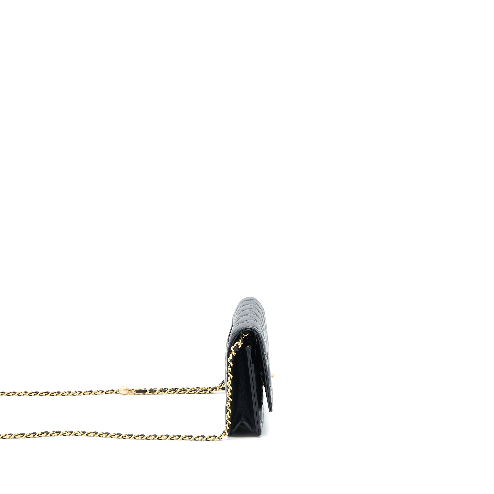 CHANEL PEARL CRUSH WALLET ON CHAIN LAMBSKIN BLACK BRUSHED GHW (MICROCHIP)