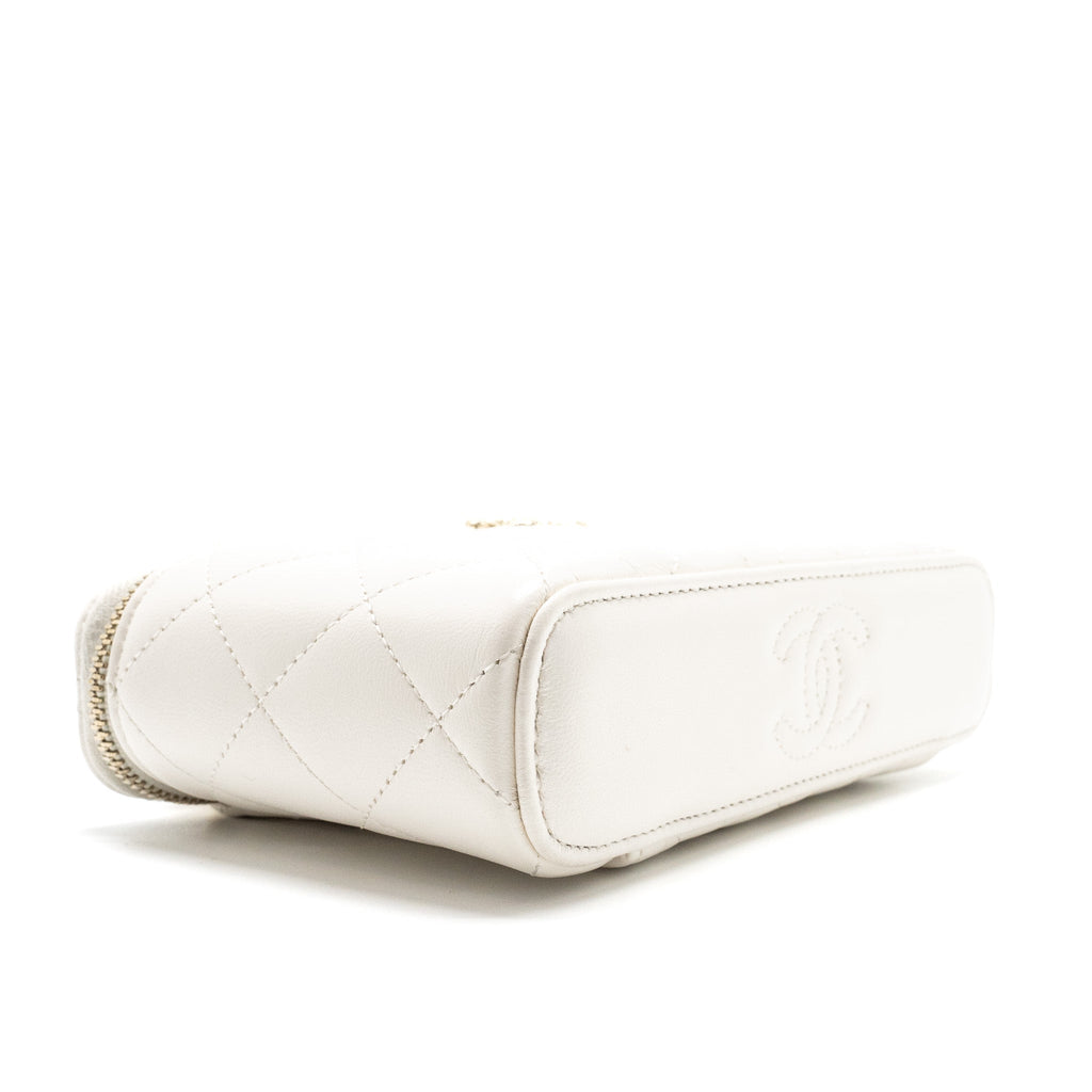 CHANEL 23K CAMELLIA TOP HANDLE LONG VANITY CASE WITH CHAIN CALFSKIN WHITE LGHW (MICROCHIP)