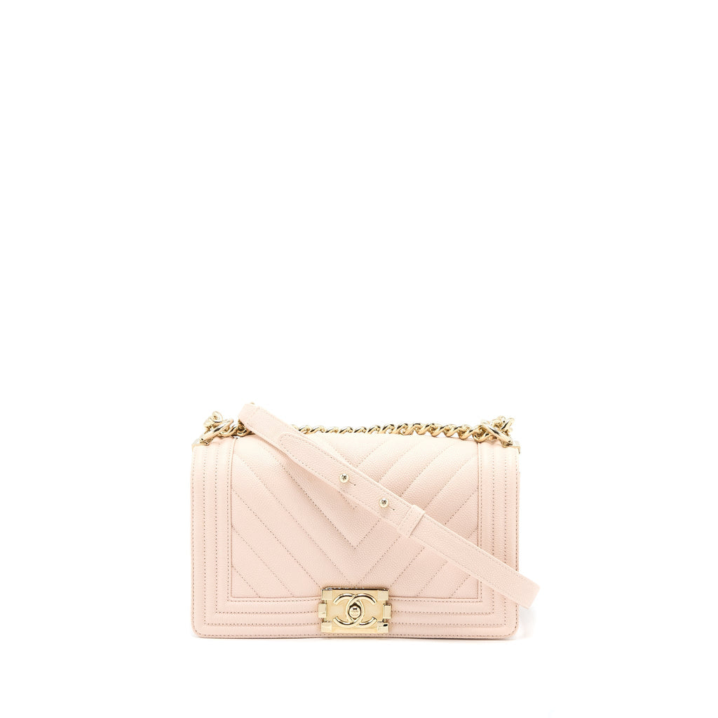 CHANEL MEDIUM BOY BAG CHEVRON CAVIAR LIGHT PINK LGHW