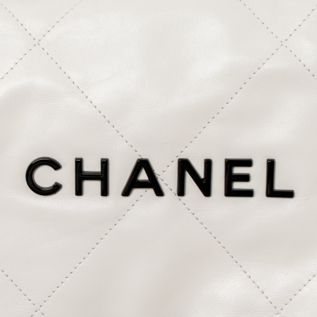 CHANEL SMALL 22 BAG BLACK LETTER SHINY CALFSKIN WHITE BRUSHED GHW (MICROCHIP)