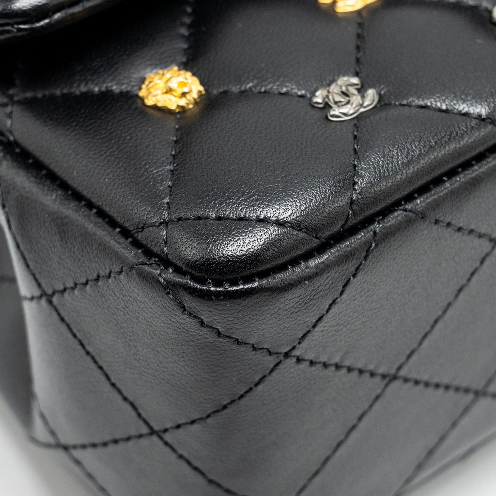 CHANEL MINI RECTANGULAR FLAP BAG CHARMS LIMITED EDITION LAMBSKIN BLACK SILVER/GOLD HARDWARE