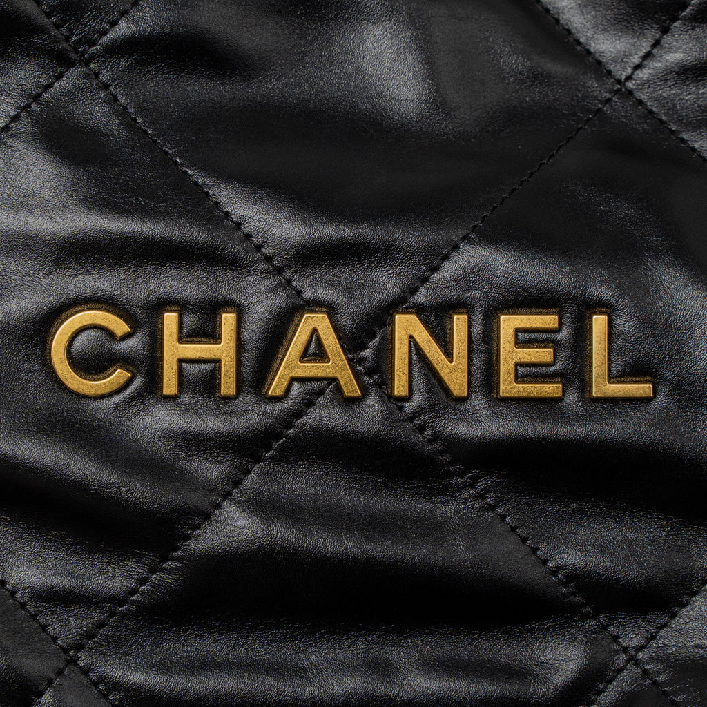 CHANEL SMALL 22 BAG GOLD LETTER SHINY CALFSKIN BLACK BRUSHED GHW (MICROCHIP)