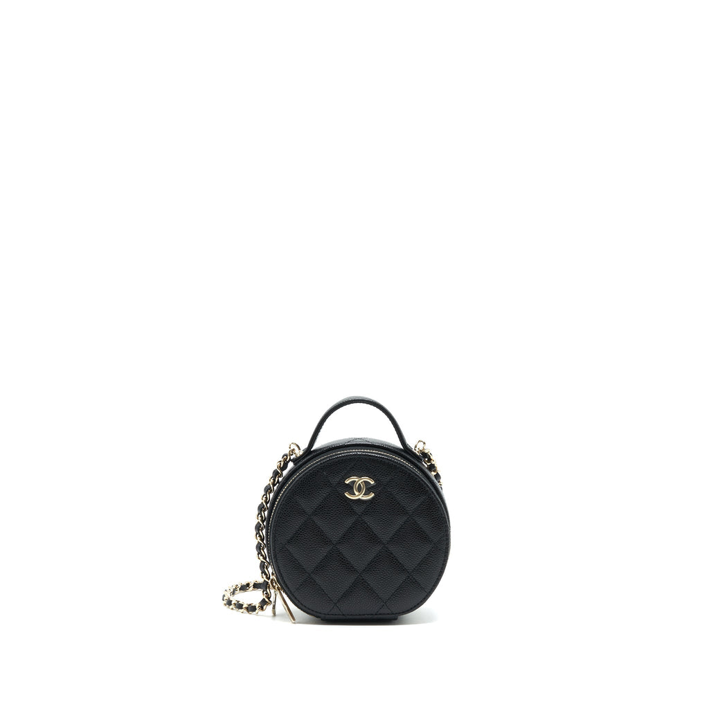 CHANEL 22C TOP HANDLE ROUND VANITY BLACK WITH CHAIN CAVIAR LGHW