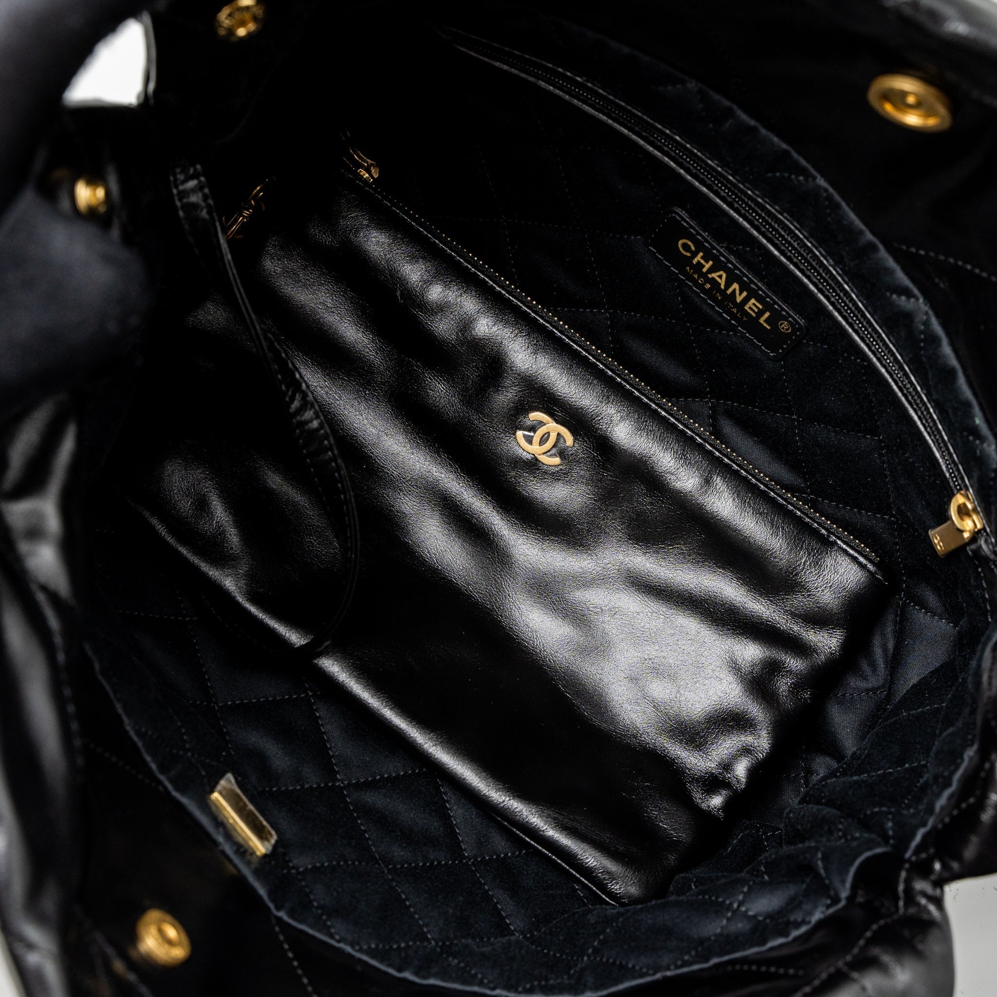 CHANEL SMALL 22 BAG GOLD LETTER SHINY CALFSKIN BLACK BRUSHED GHW (MICROCHIP)