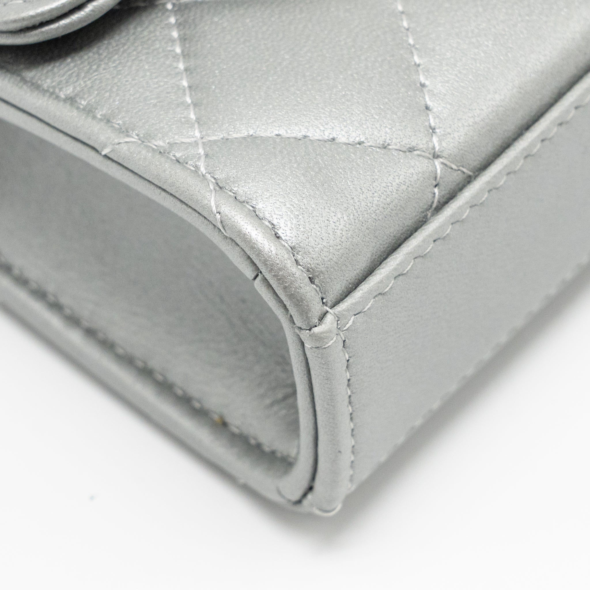 CHANEL TOP HANDLE MINI FLAP BAG WITH CHAIN LAMBSKIN SILVER SHW (MICROCHIP)