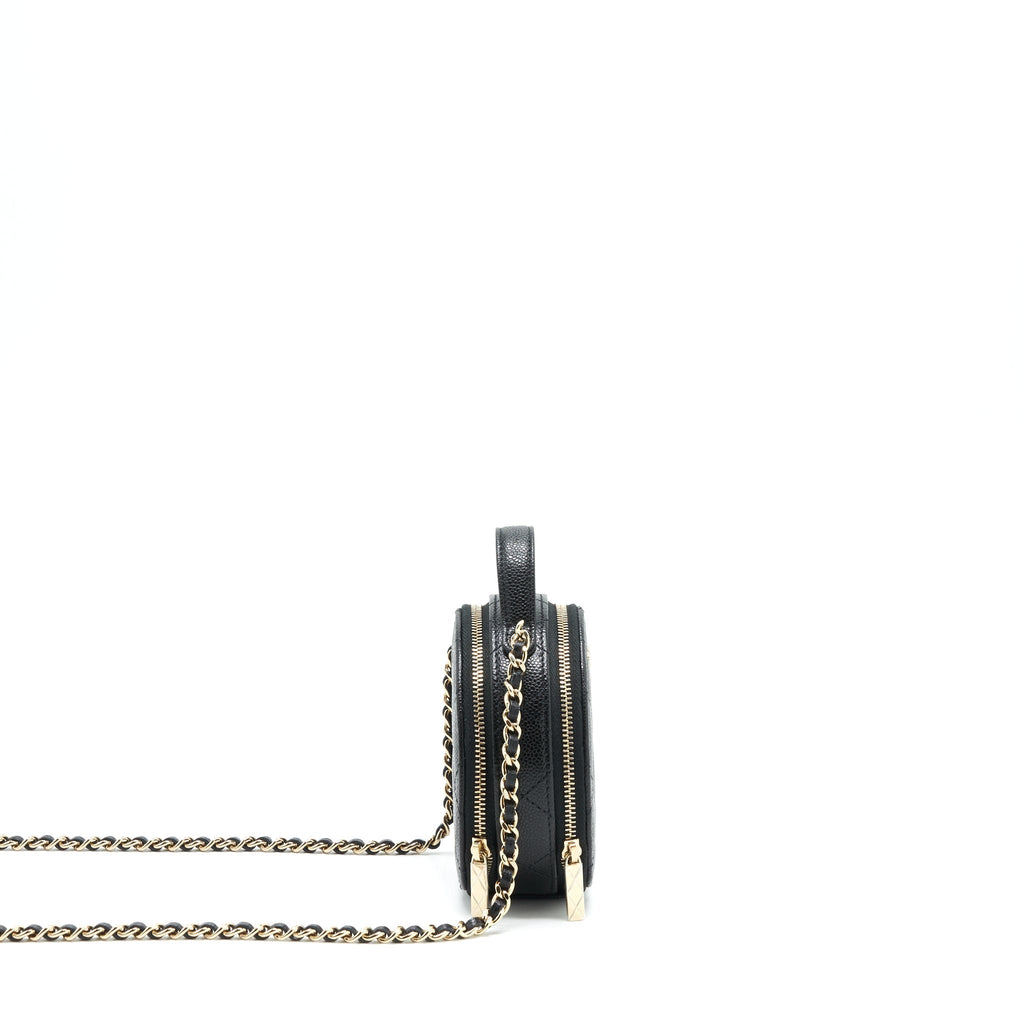 CHANEL 22C TOP HANDLE ROUND VANITY BLACK WITH CHAIN CAVIAR LGHW
