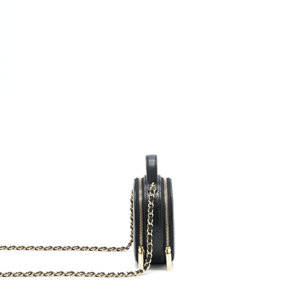 CHANEL 22C TOP HANDLE MINI ROUND VANITY ON CHAIN CAVIAR BLACK LGHW