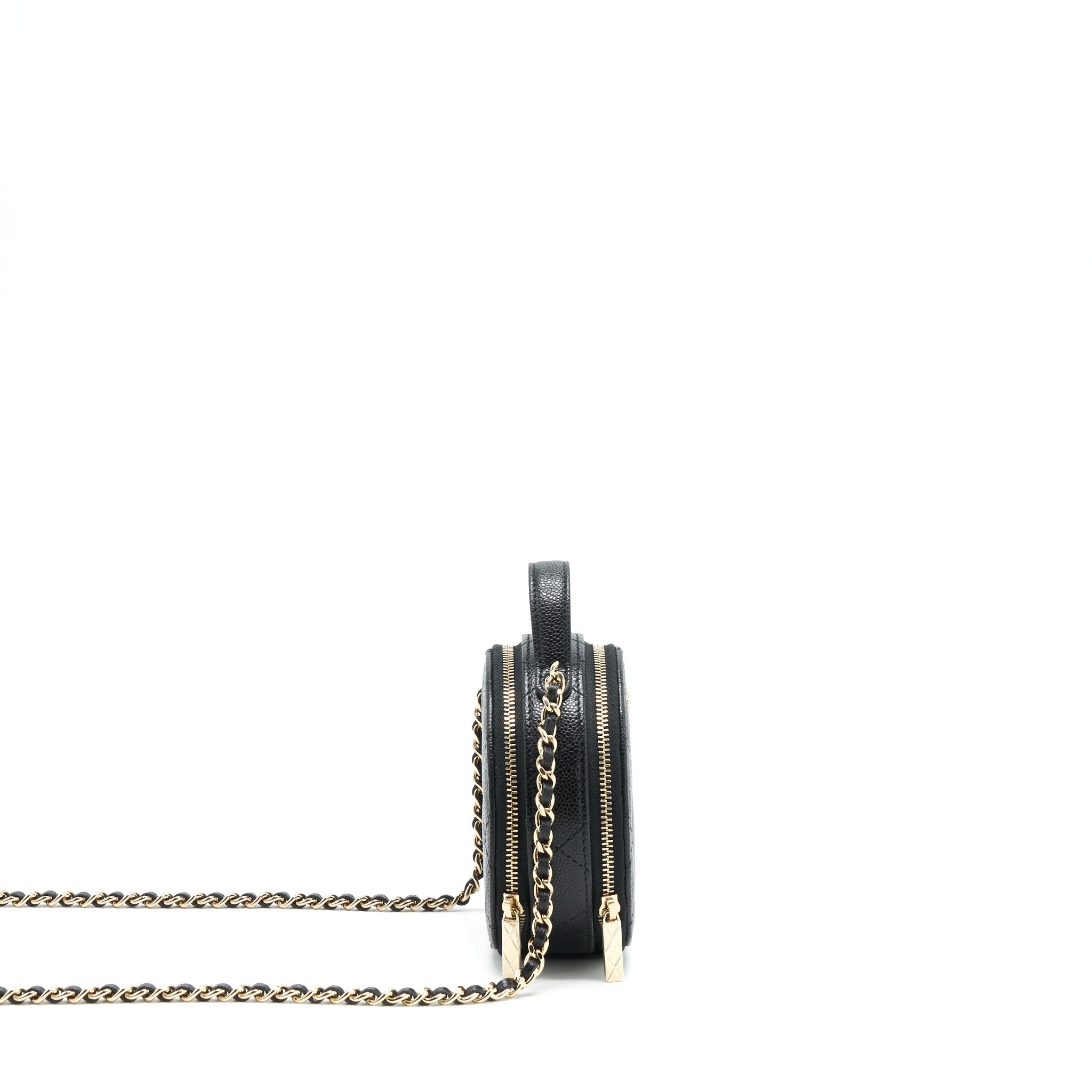 CHANEL 22C TOP HANDLE MINI ROUND VANITY ON CHAIN CAVIAR BLACK LGHW