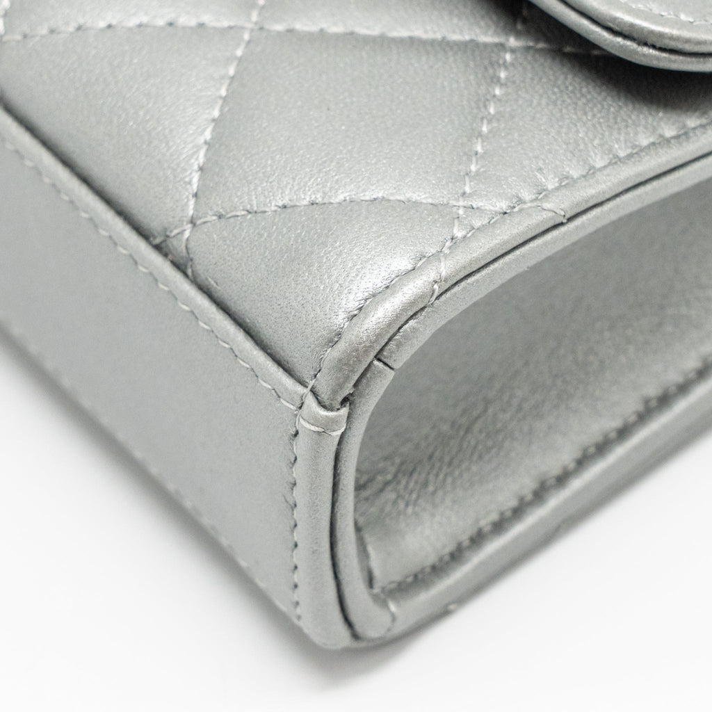 CHANEL TOP HANDLE MINI FLAP BAG WITH CHAIN LAMBSKIN SILVER SHW (MICROCHIP)