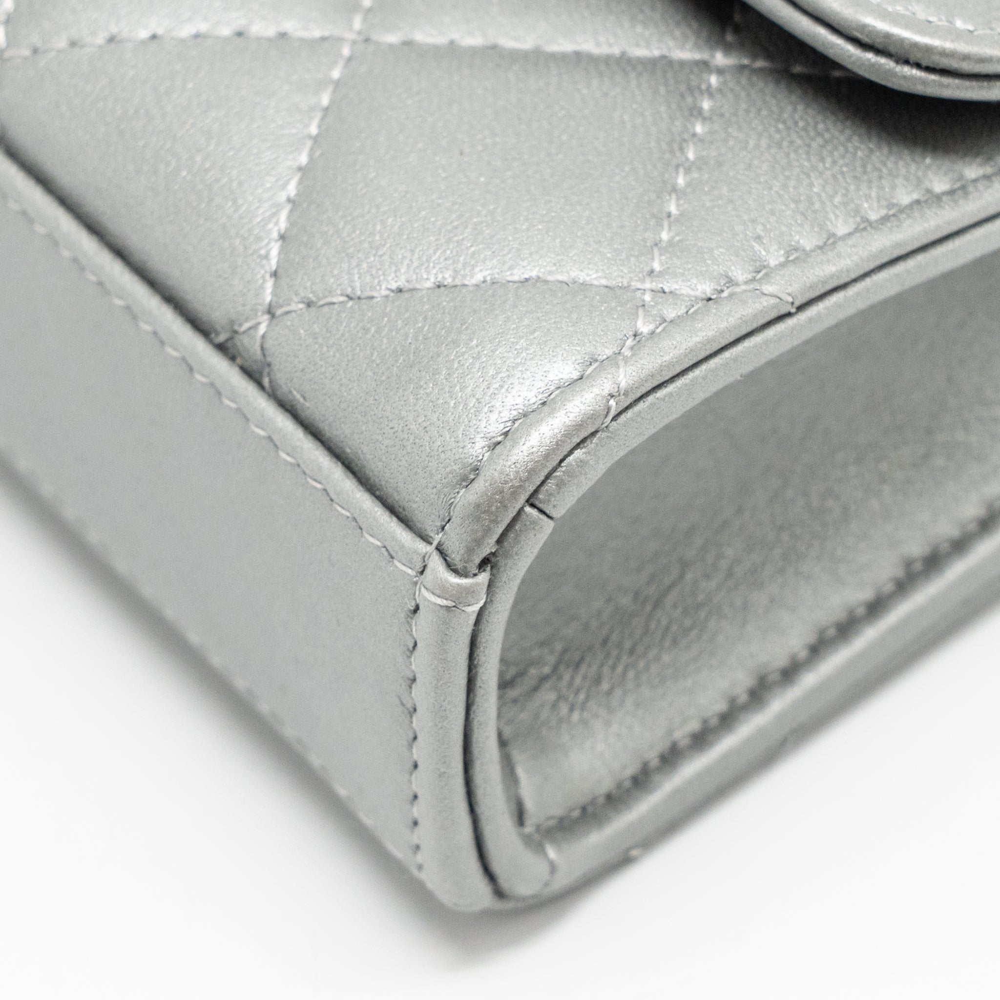 CHANEL TOP HANDLE MINI FLAP BAG WITH CHAIN LAMBSKIN SILVER SHW (MICROCHIP)