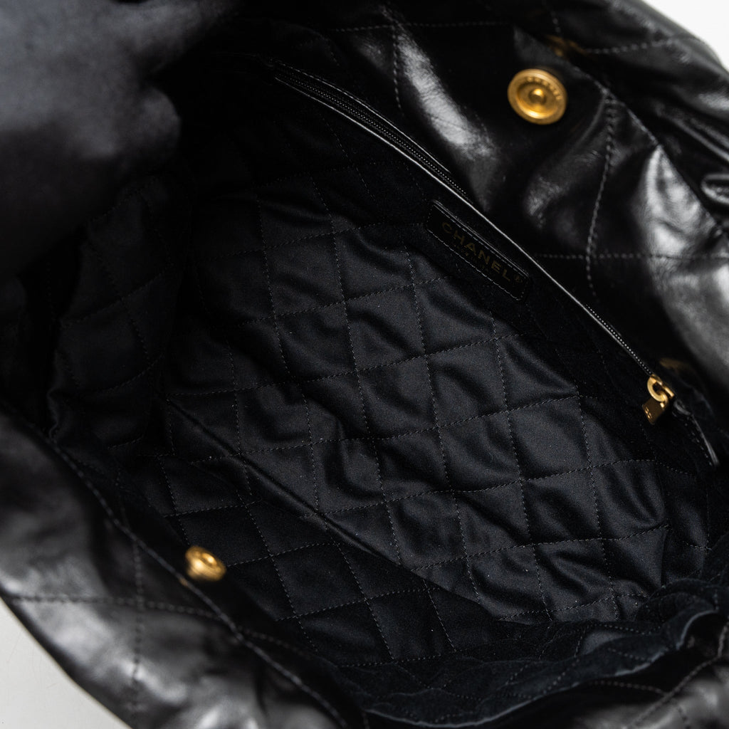 CHANEL SMALL 22 BAG GOLD LETTER SHINY CALFSKIN BLACK BRUSHED GHW (MICROCHIP)