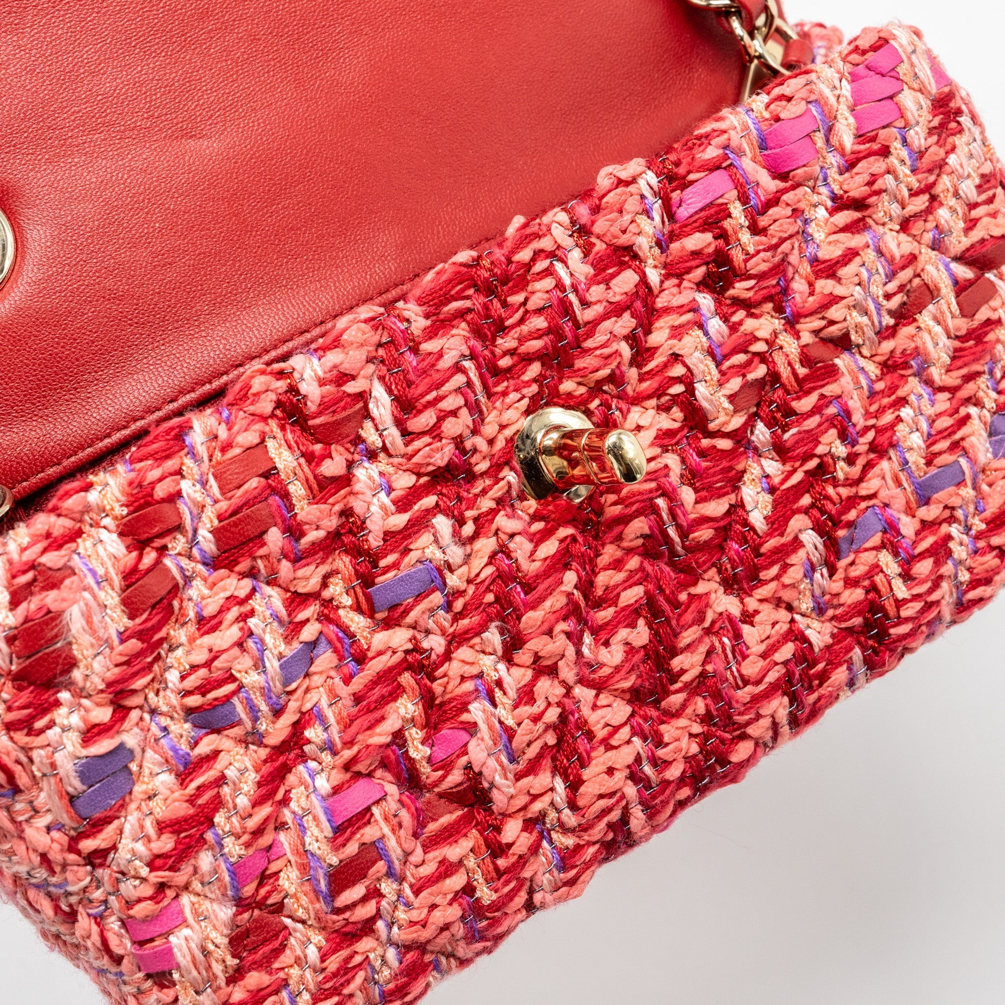 CHANEL MINI RECTANGULAR FLAP BAG TWEED MULTICOLOUR PINK LGHW (MICROCHIP)