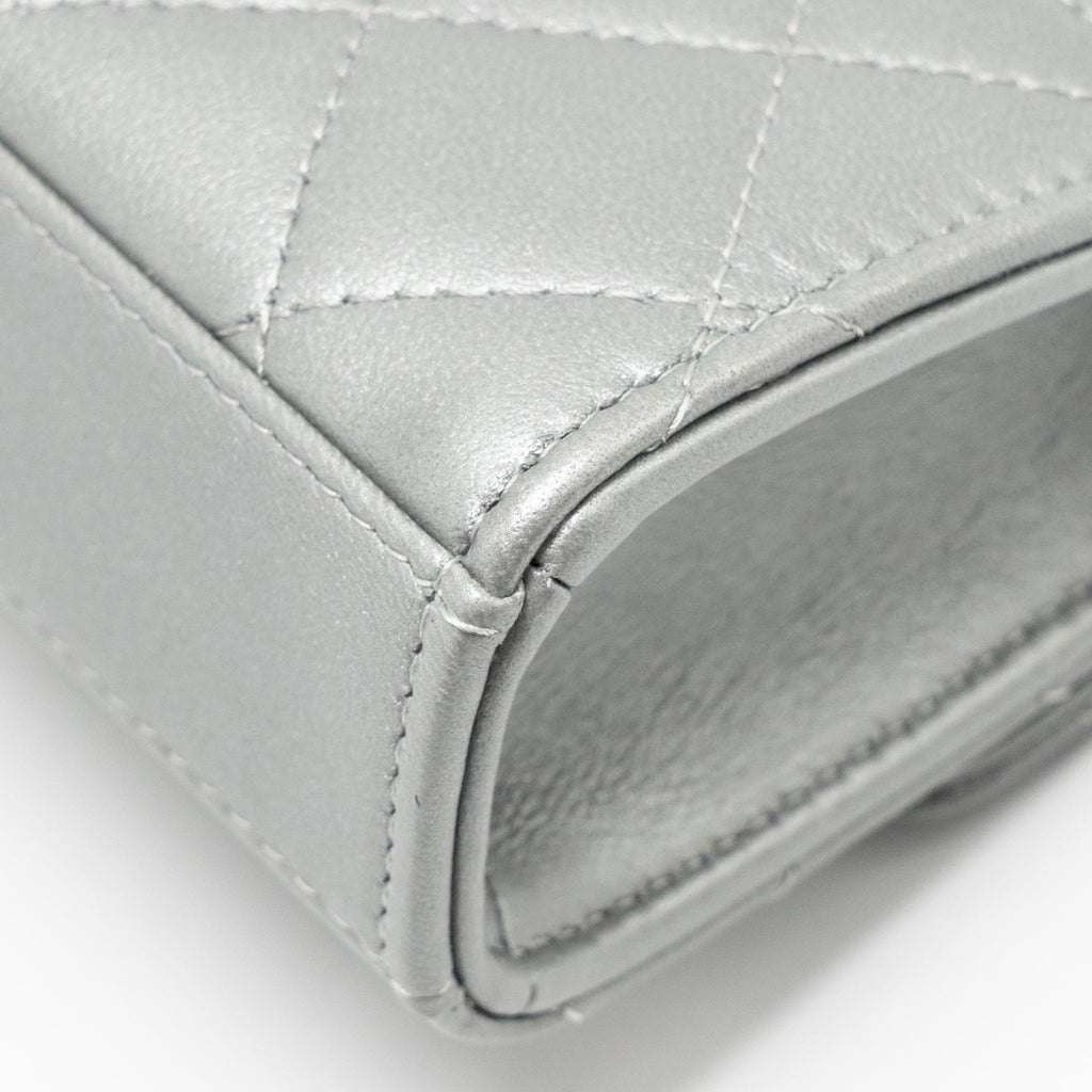 CHANEL TOP HANDLE MINI FLAP BAG WITH CHAIN LAMBSKIN SILVER SHW (MICROCHIP)