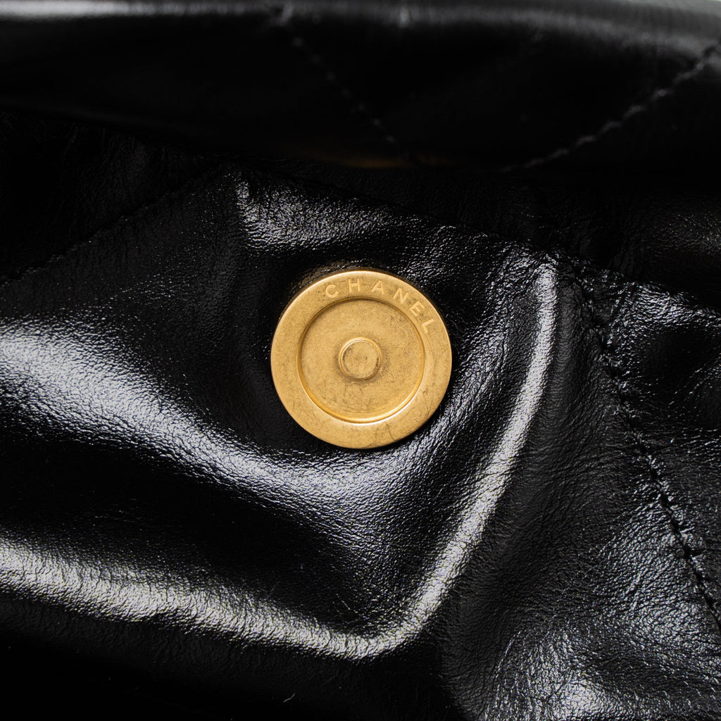 CHANEL SMALL 22 BAG GOLD LETTER SHINY CALFSKIN BLACK BRUSHED GHW (MICROCHIP)