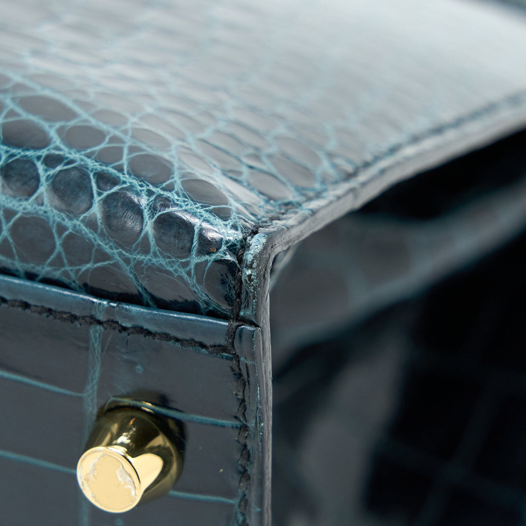 HERMES KELLY 28 CROCODILE POROUS KISSES V0 VERT ROUSSEAU GHW