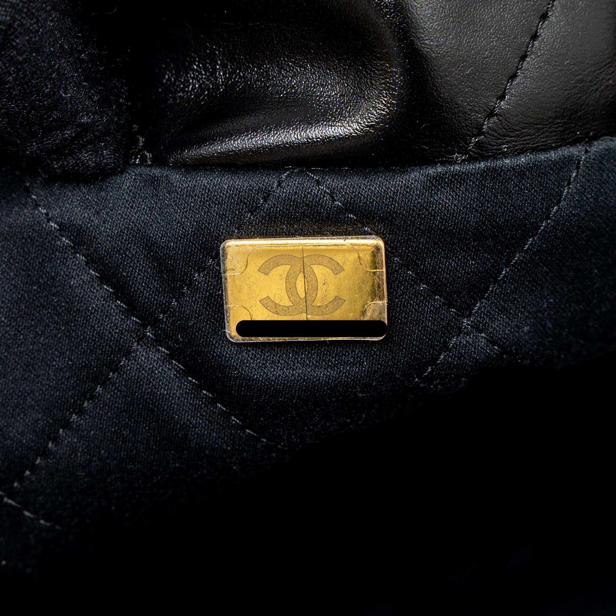 CHANEL SMALL 22 BAG GOLD LETTER SHINY CALFSKIN BLACK BRUSHED GHW (MICROCHIP)