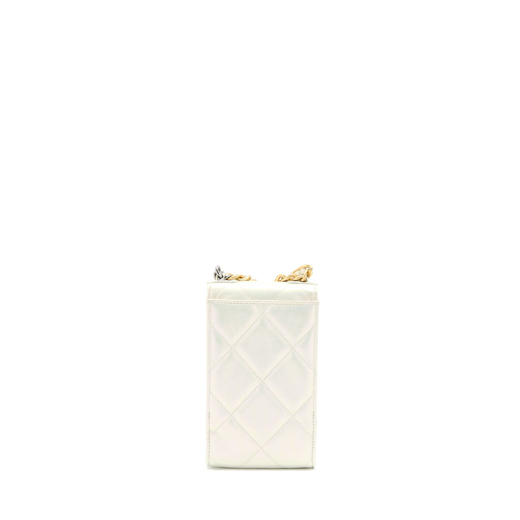 CHANEL 19 PHONE POUCH WITH CHAIN IRIDESCENT WHITE GHW