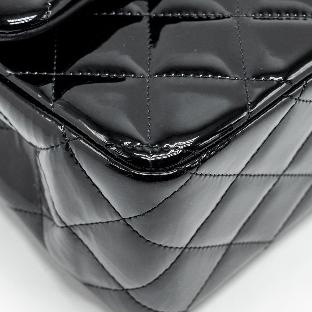 CHANEL JUMBO CLASSIC DOUBLE FLAP BAG PATENT BLACK SHW