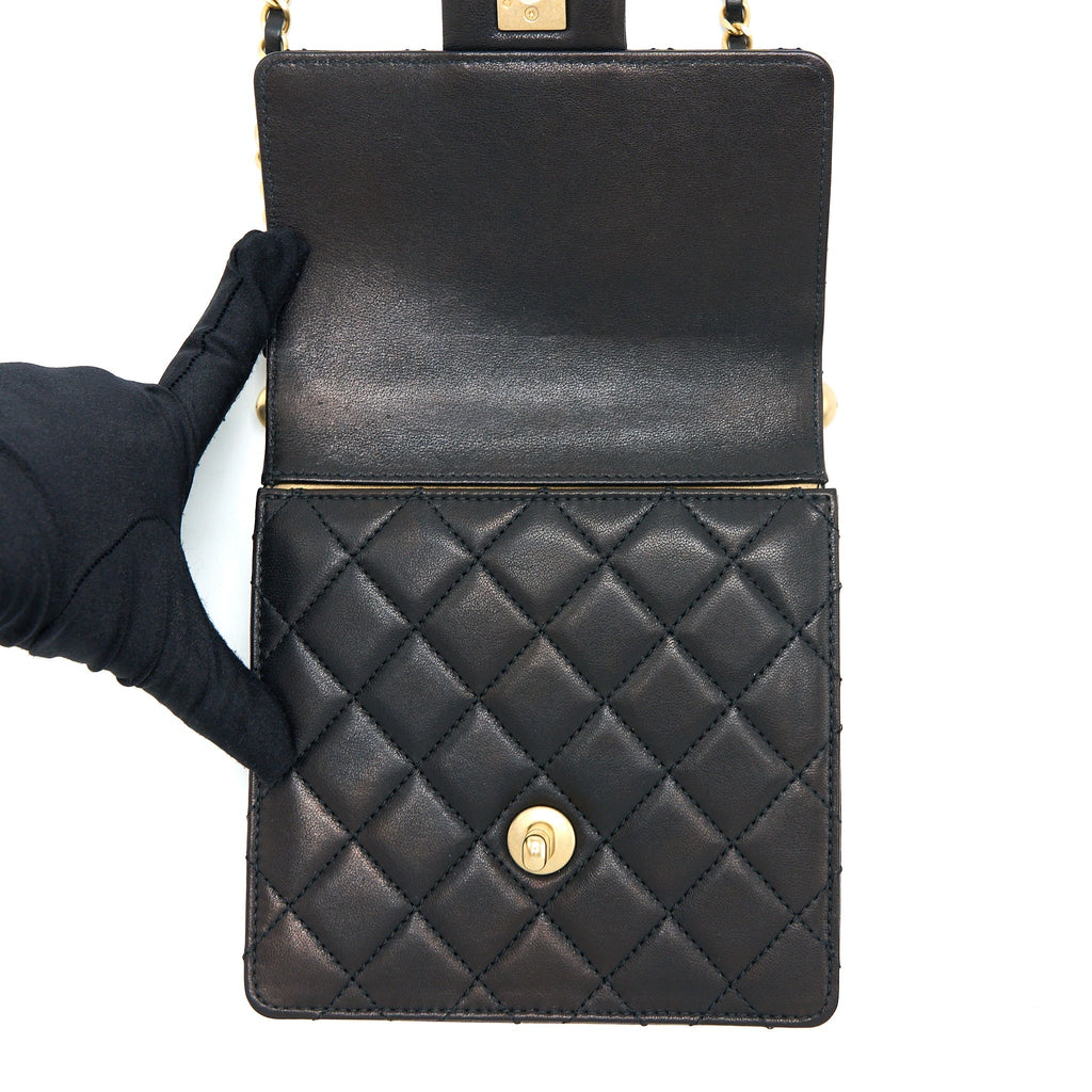 CHANEL VERTICAL PEARL FLAP BAG GOATSKIN BLACK GHW