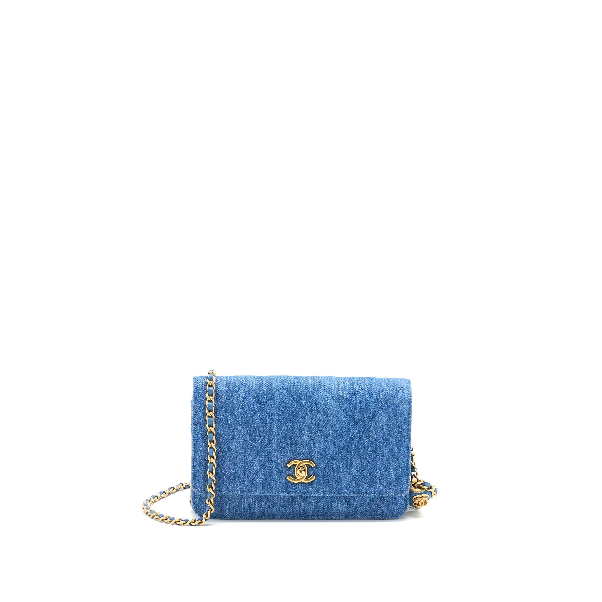 CHANEL PEARL CRUSH WALLET ON CHAIN DENIM LIGHT BLUE GHW (MICROCHIP)