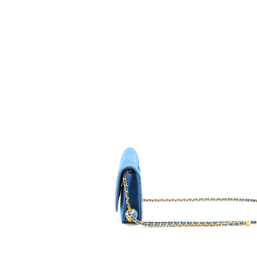 CHANEL PEARL CRUSH WALLET ON CHAIN DENIM LIGHT BLUE GHW (MICROCHIP)