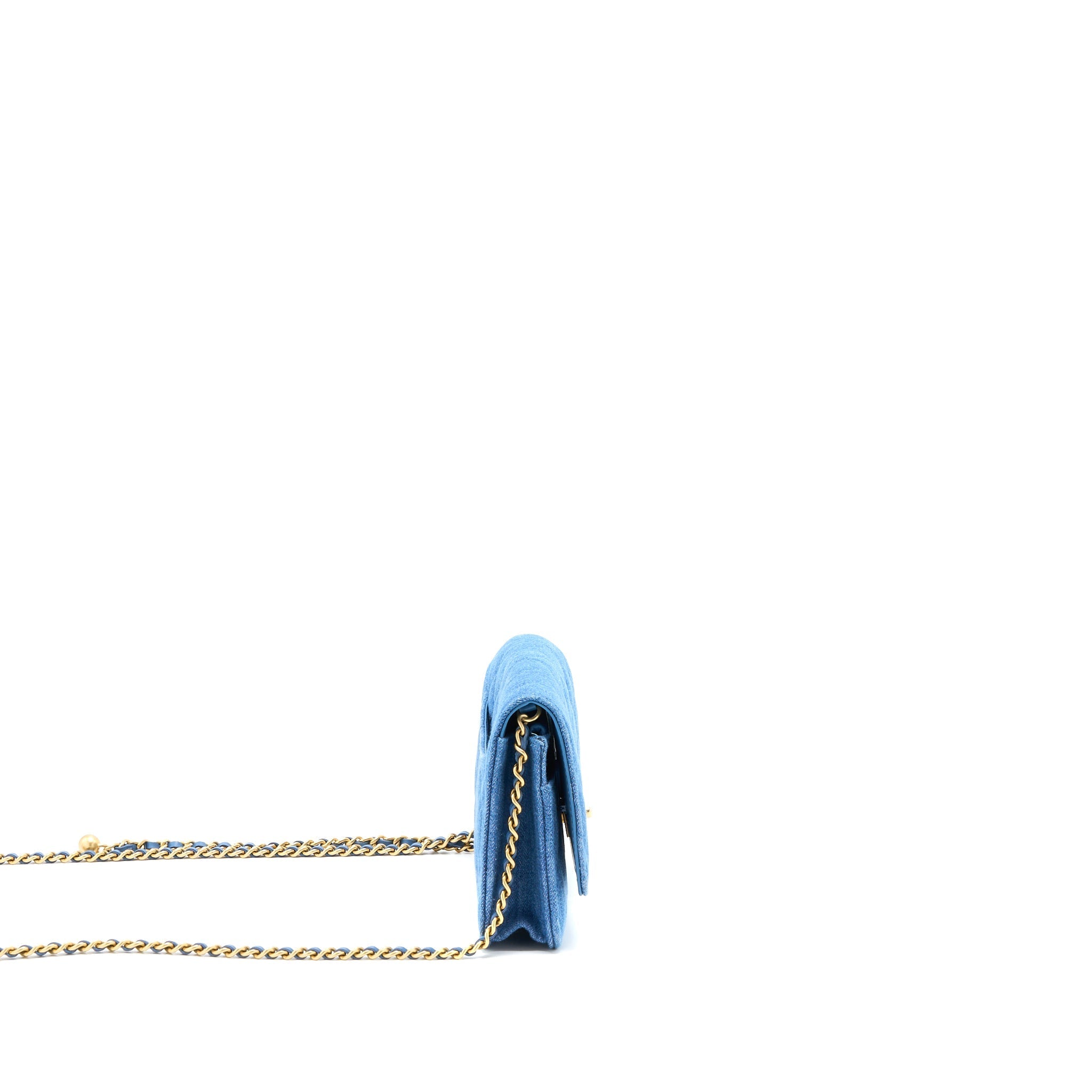 CHANEL PEARL CRUSH WALLET ON CHAIN DENIM LIGHT BLUE GHW (MICROCHIP)