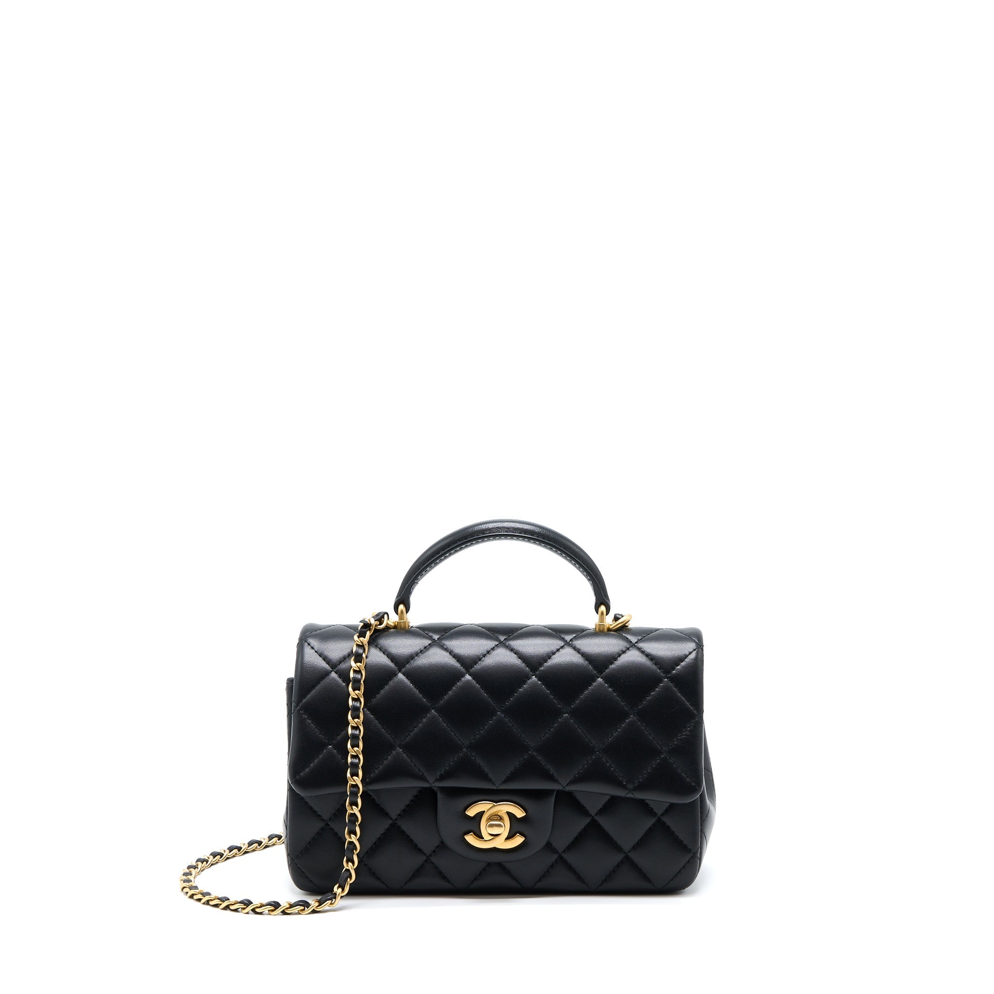 CHANEL 21K TOP HANDLE MINI RECTANGULAR FLAP BAG LAMBSKIN BLACK BRUSHED GHW(MICROCHIP)