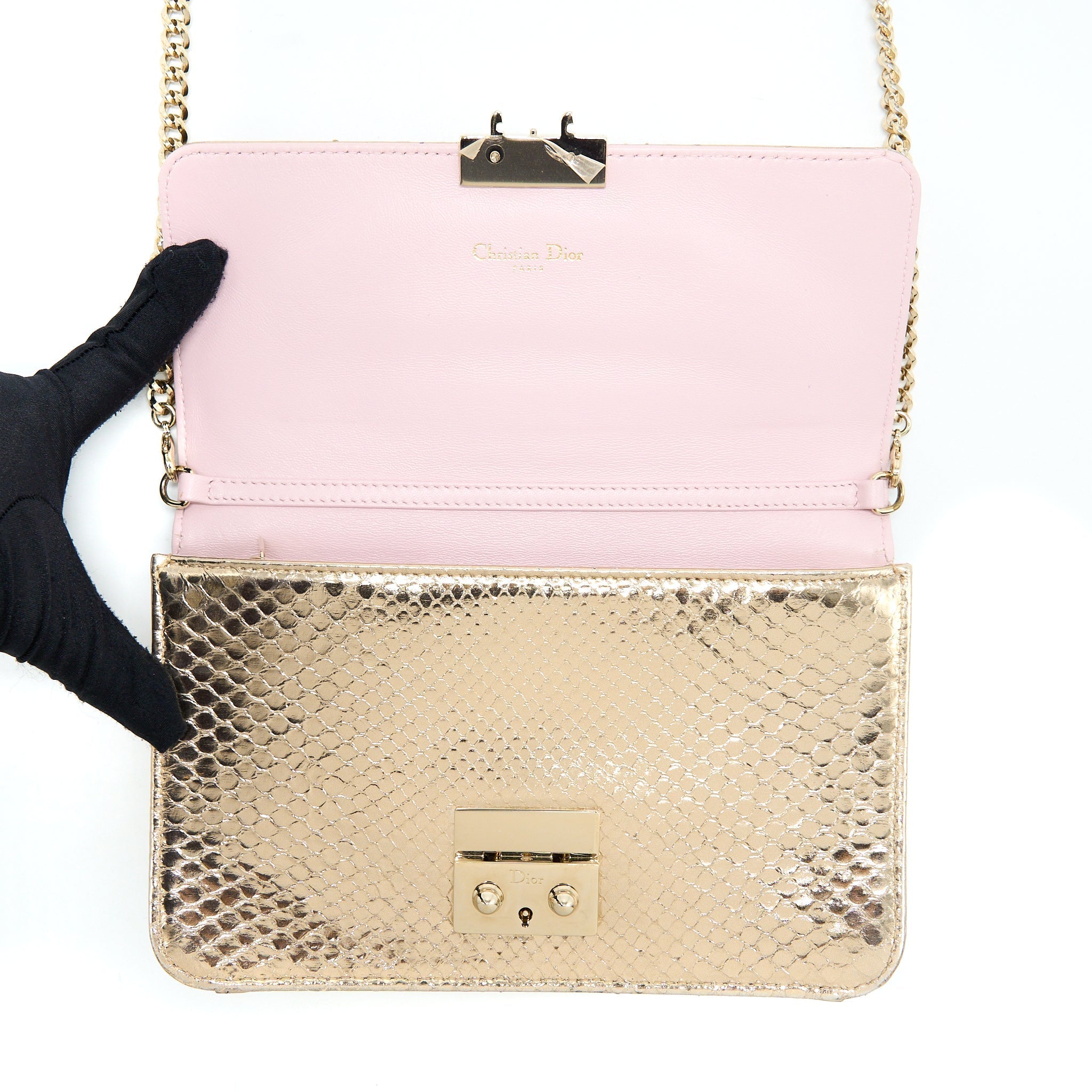 DIOR FLAP BAG WITH CHAIN PYTHON GOLD LGHW