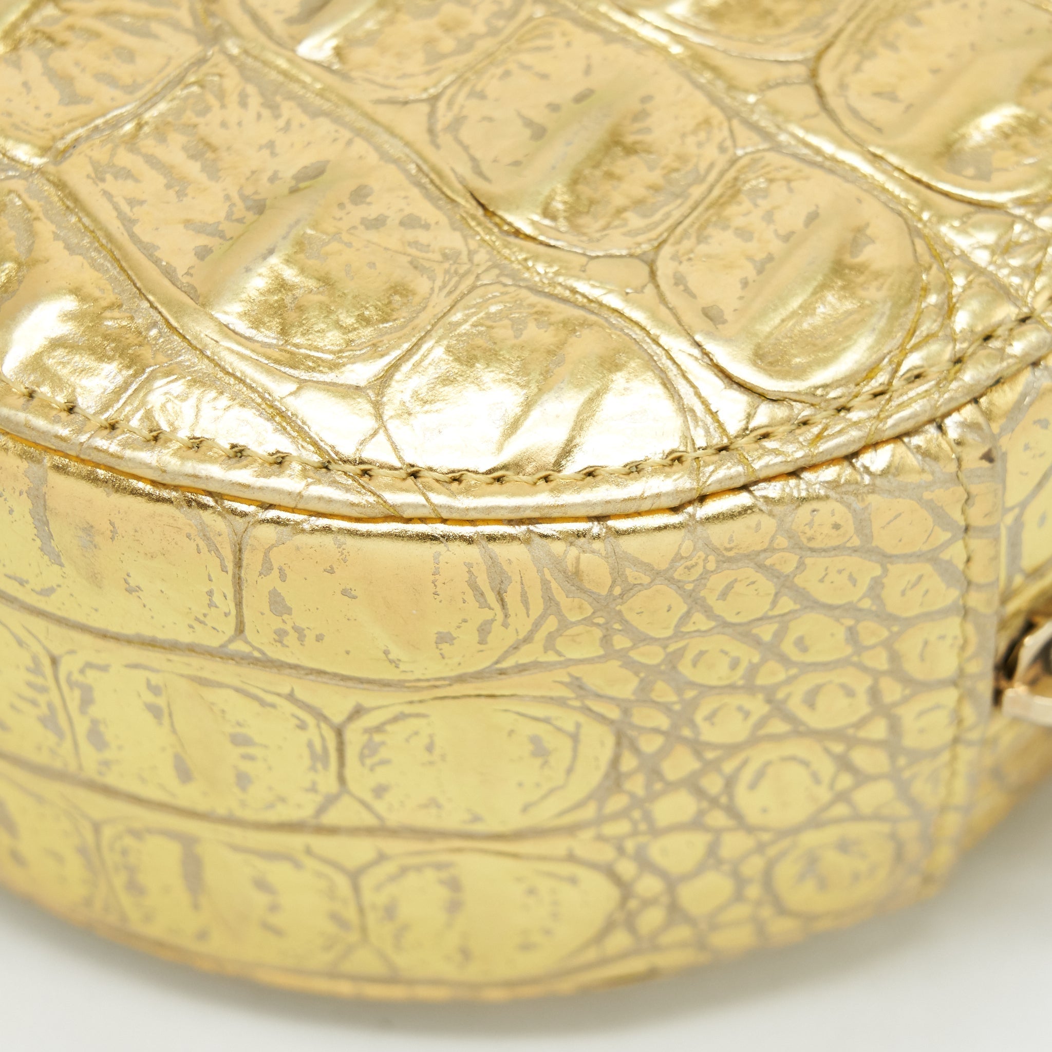 CHANEL MINI ROUND VANITY WITH CHAIN CROC EMBOSSED LEATHER GOLD GHW