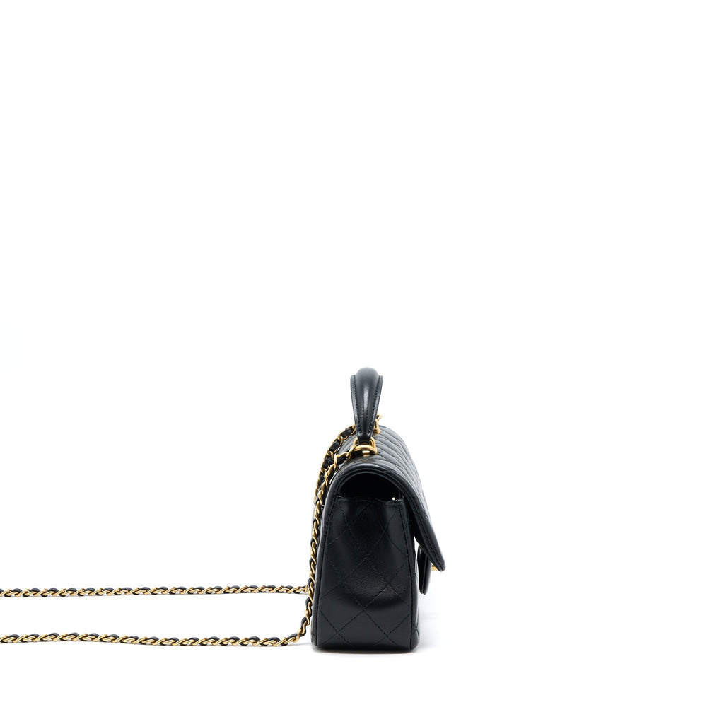 CHANEL 21K TOP HANDLE MINI RECTANGULAR FLAP BAG LAMBSKIN BLACK BRUSHED GHW(MICROCHIP)