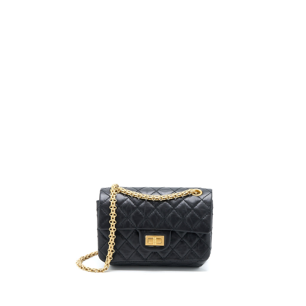 CHANEL MINI 2.55 REISSUE FLAP BAG AGED CALFSKIN BLACK BRUSHED GHW (MICROCHIP)