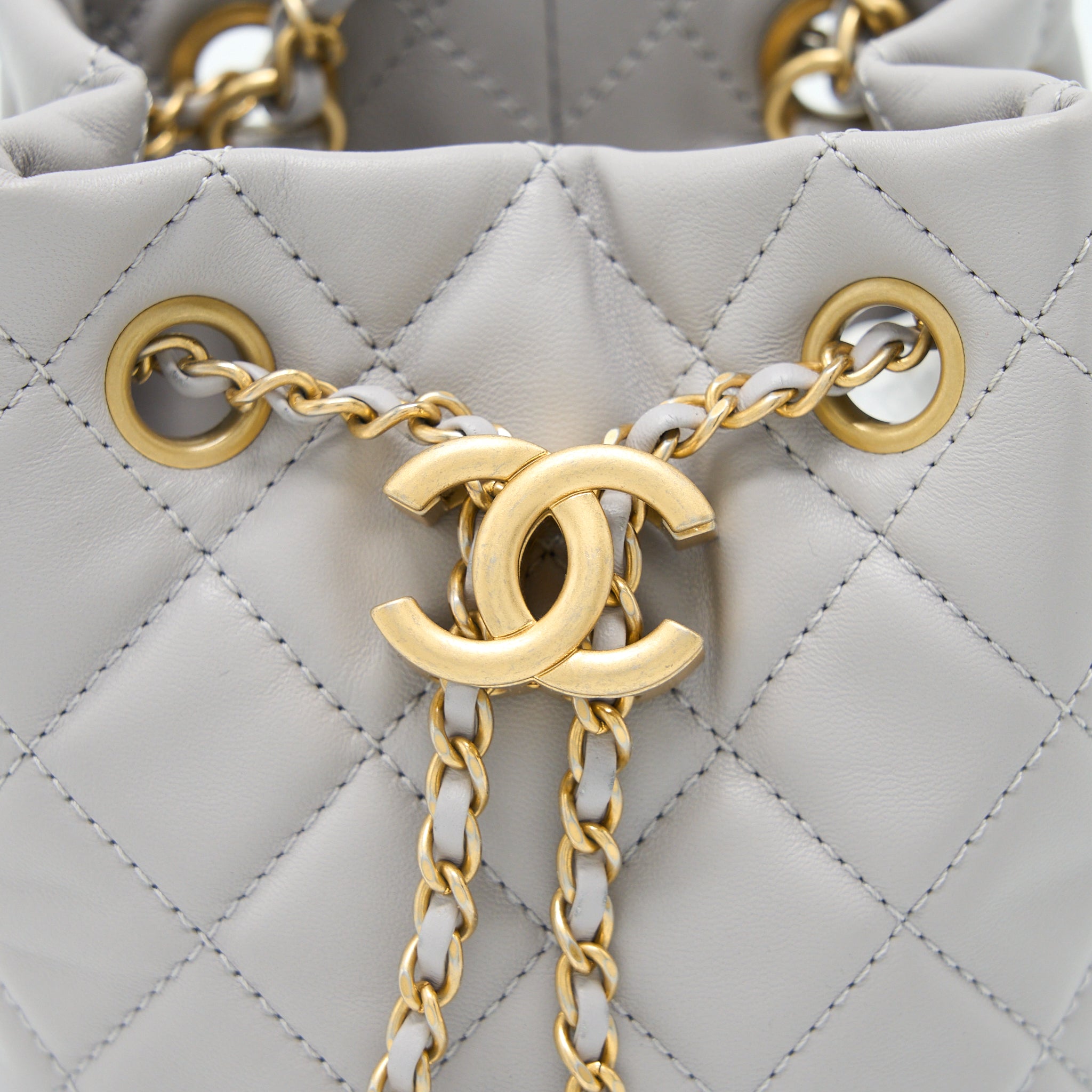 CHANEL 22B PEARL CRUSH BUCKET BAG LAMBSKIN GREY GHW (MICROCHIP)