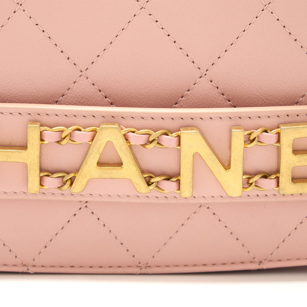 CHANEL FRONT LOGO FLAP BAG CALFSKIN PINK BRUSHED GHW