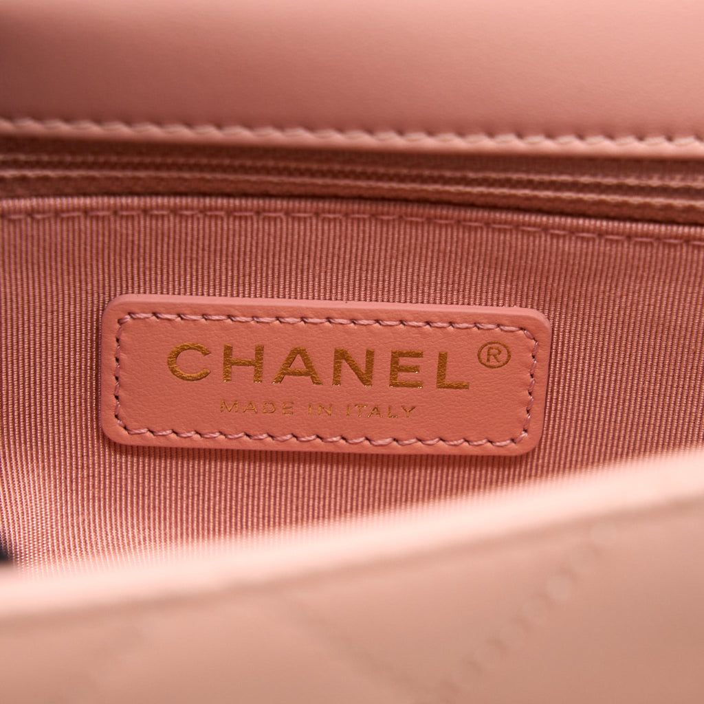 CHANEL FRONT LOGO FLAP BAG CALFSKIN PINK BRUSHED GHW