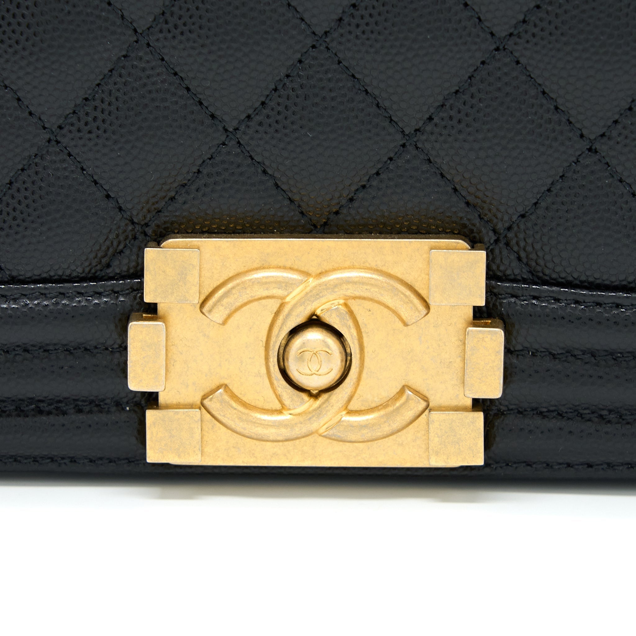 CHANEL SMALL BOY BAG CAVIAR BLACK BRUSHED GHW (MICROCHIP)