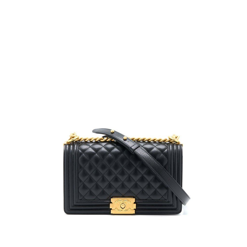 CHANEL MEDIUM BOY BAG CAVIAR BLACK BRUSHED GHW (MICROCHIP)