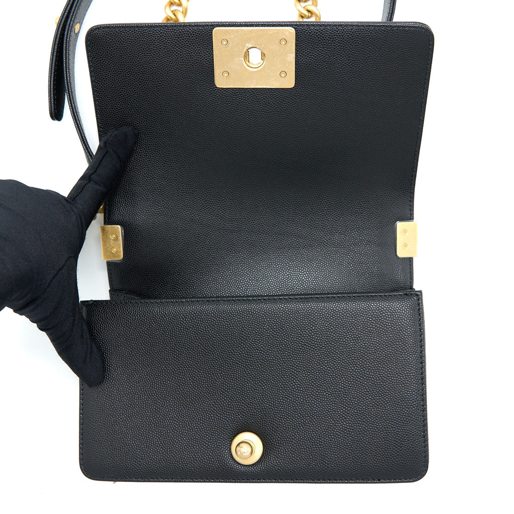 CHANEL SMALL BOY BAG CAVIAR BLACK BRUSHED GHW (MICROCHIP)