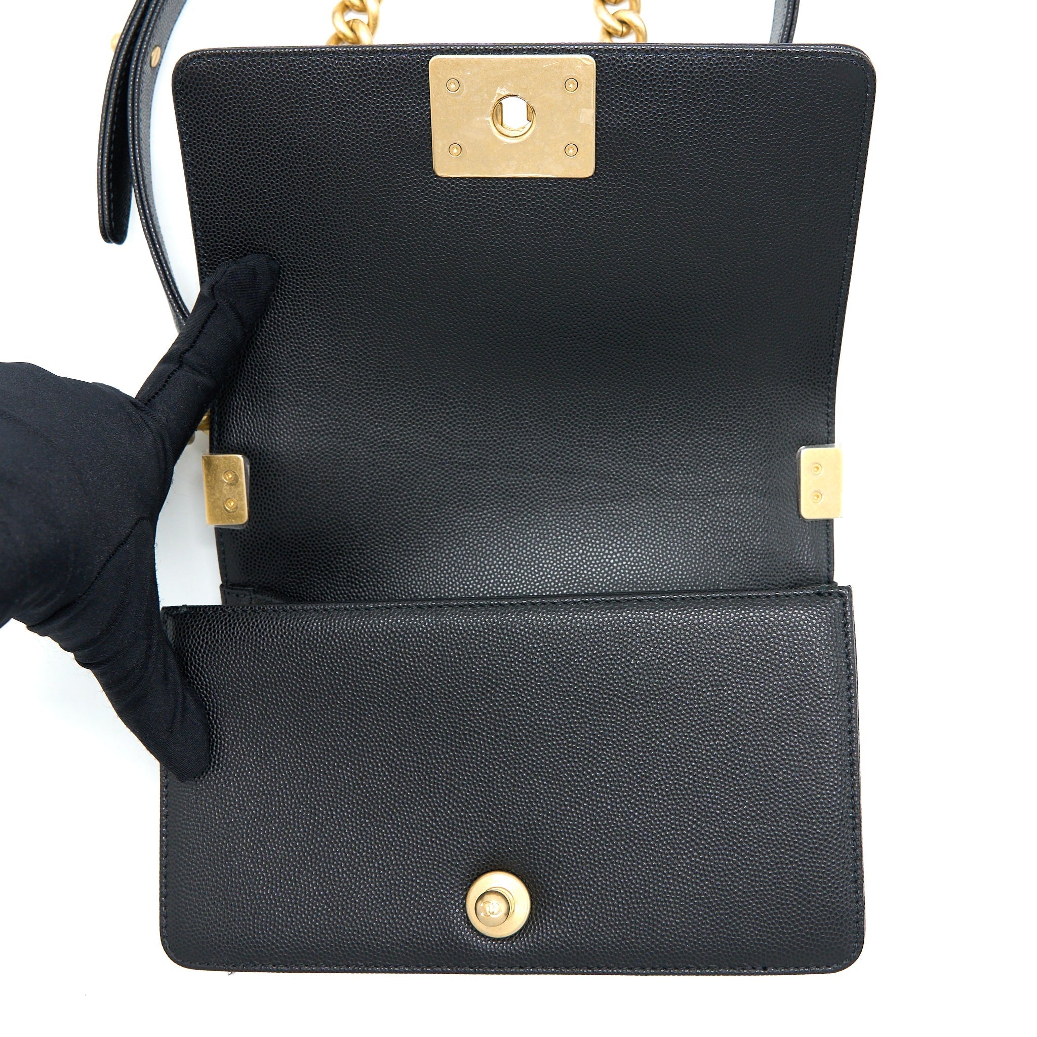 CHANEL SMALL BOY BAG CAVIAR BLACK BRUSHED GHW (MICROCHIP)