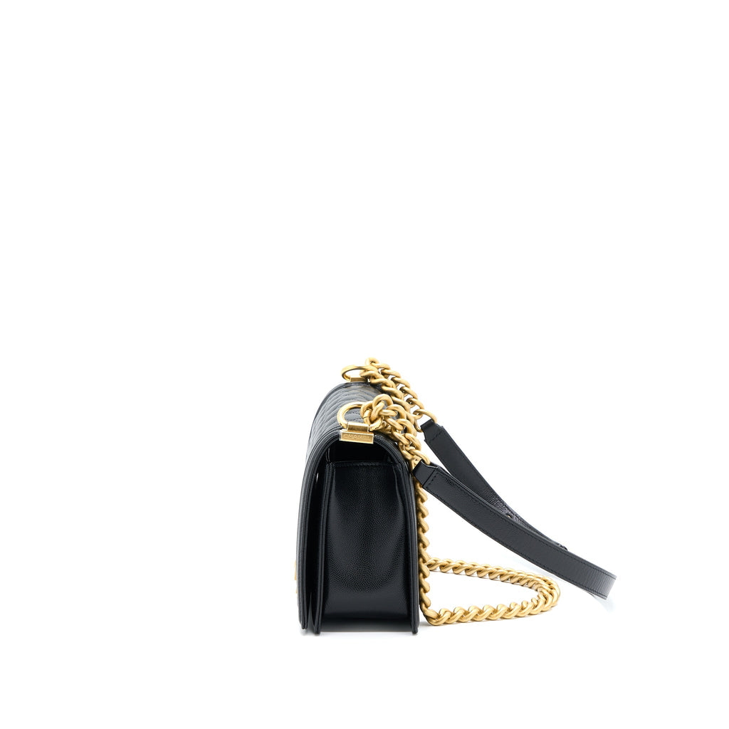 CHANEL MEDIUM BOY BAG CAVIAR BLACK BRUSHED GHW (MICROCHIP)