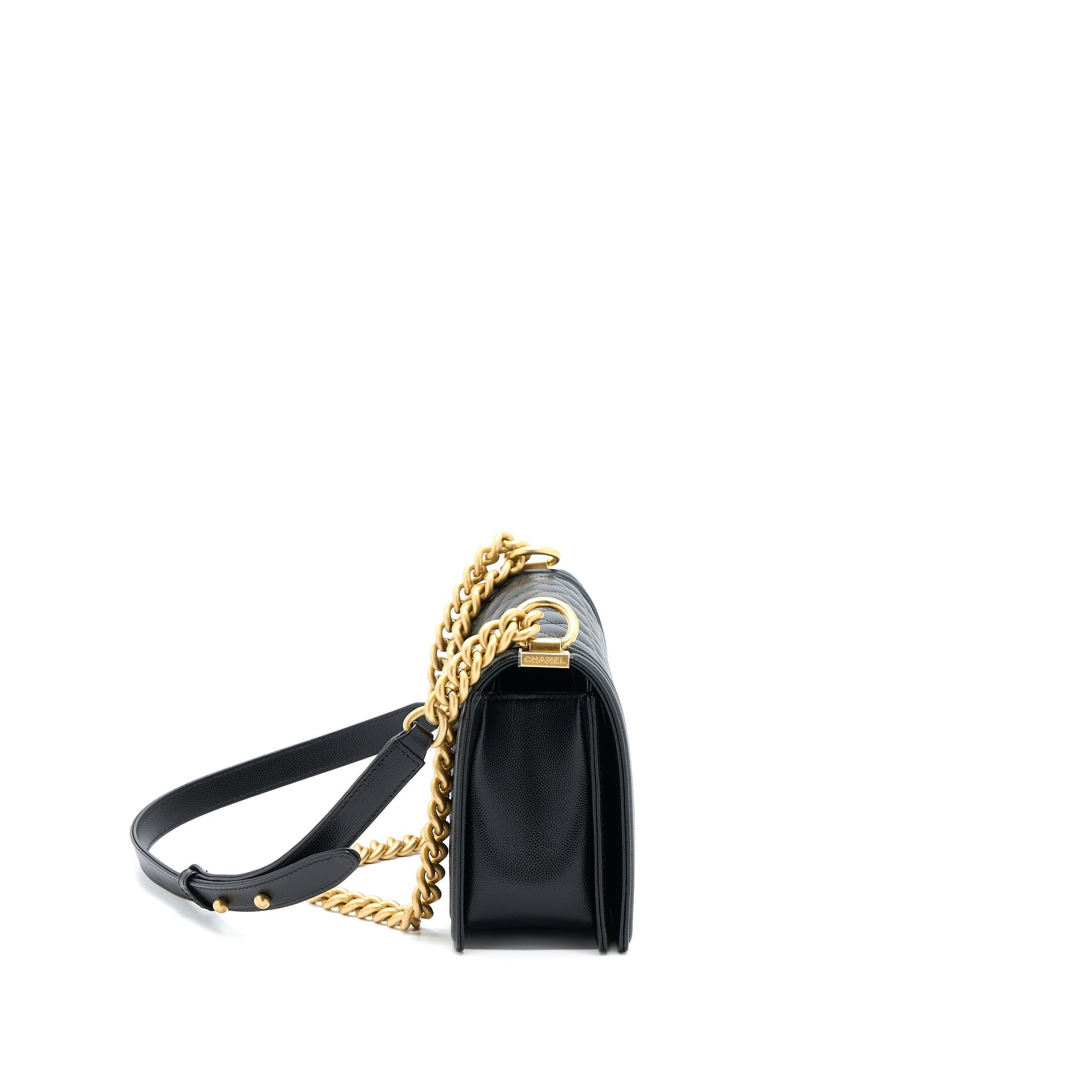 CHANEL MEDIUM BOY BAG CAVIAR BLACK BRUSHED GHW (MICROCHIP)