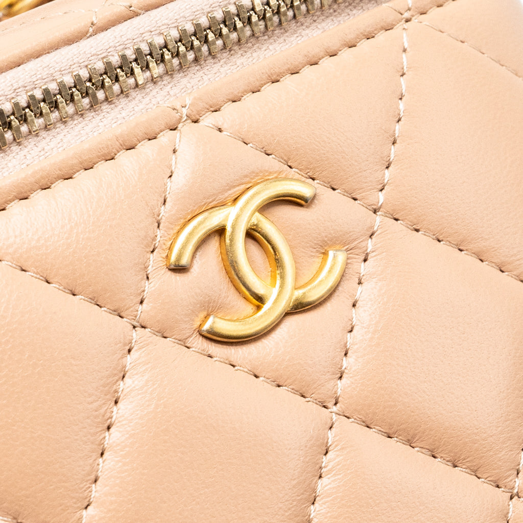 CHANEL TOP HANDLE MINI VANITY CASE WITH CHAIN LAMBSKIN BEIGE BRUSHED GHW