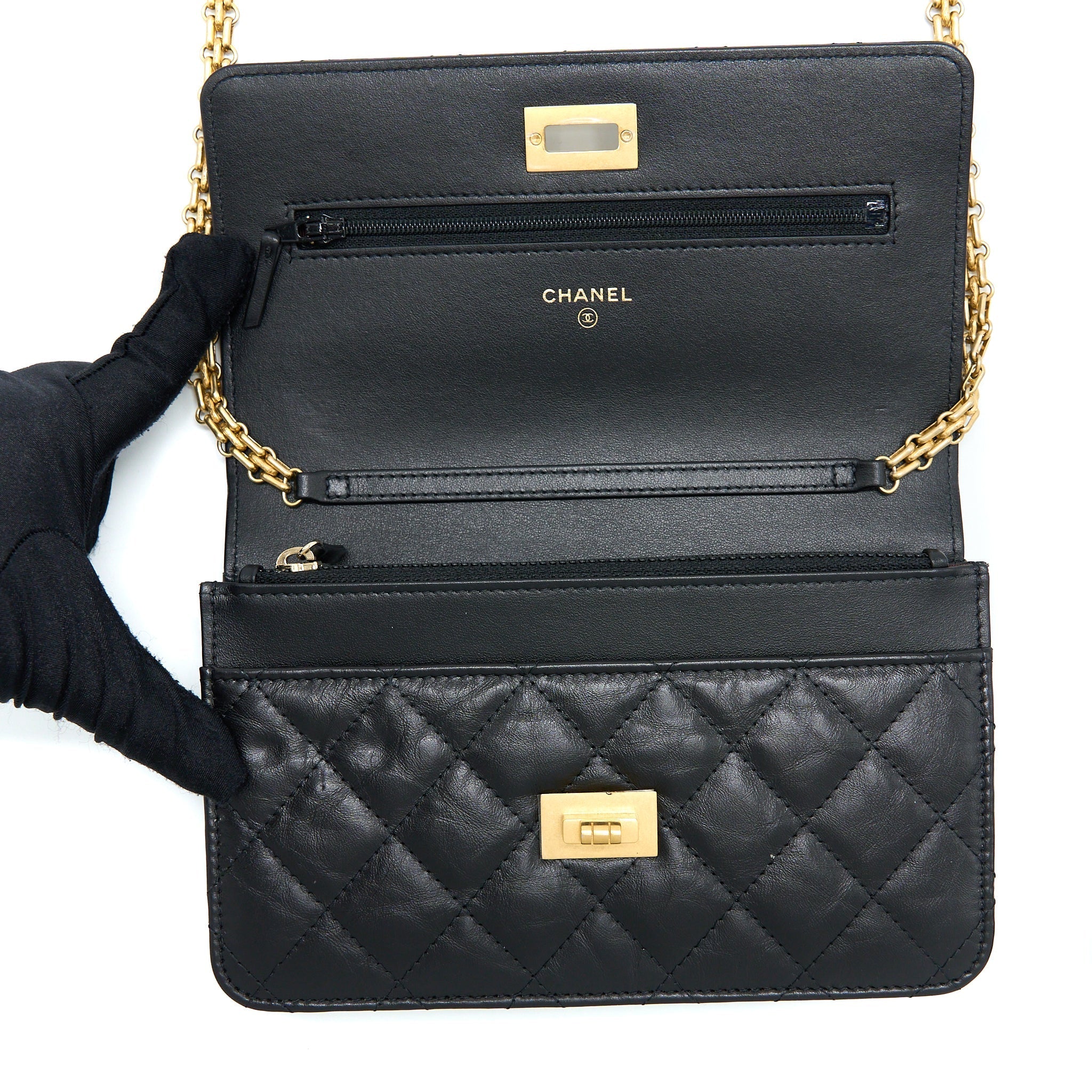 CHANEL 2.55 REISSUE WALLET ON CHAIN AGED CALFSKIN BLACK BRUSHED GHW (MICROCHIP)