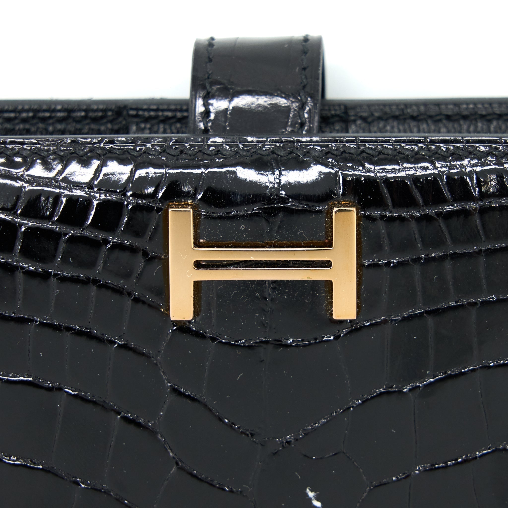 HERMES BEARN WALLET SHINY ALLIGATOR BLACK GHW