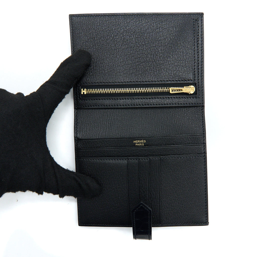 HERMES BEARN WALLET SHINY ALLIGATOR BLACK GHW