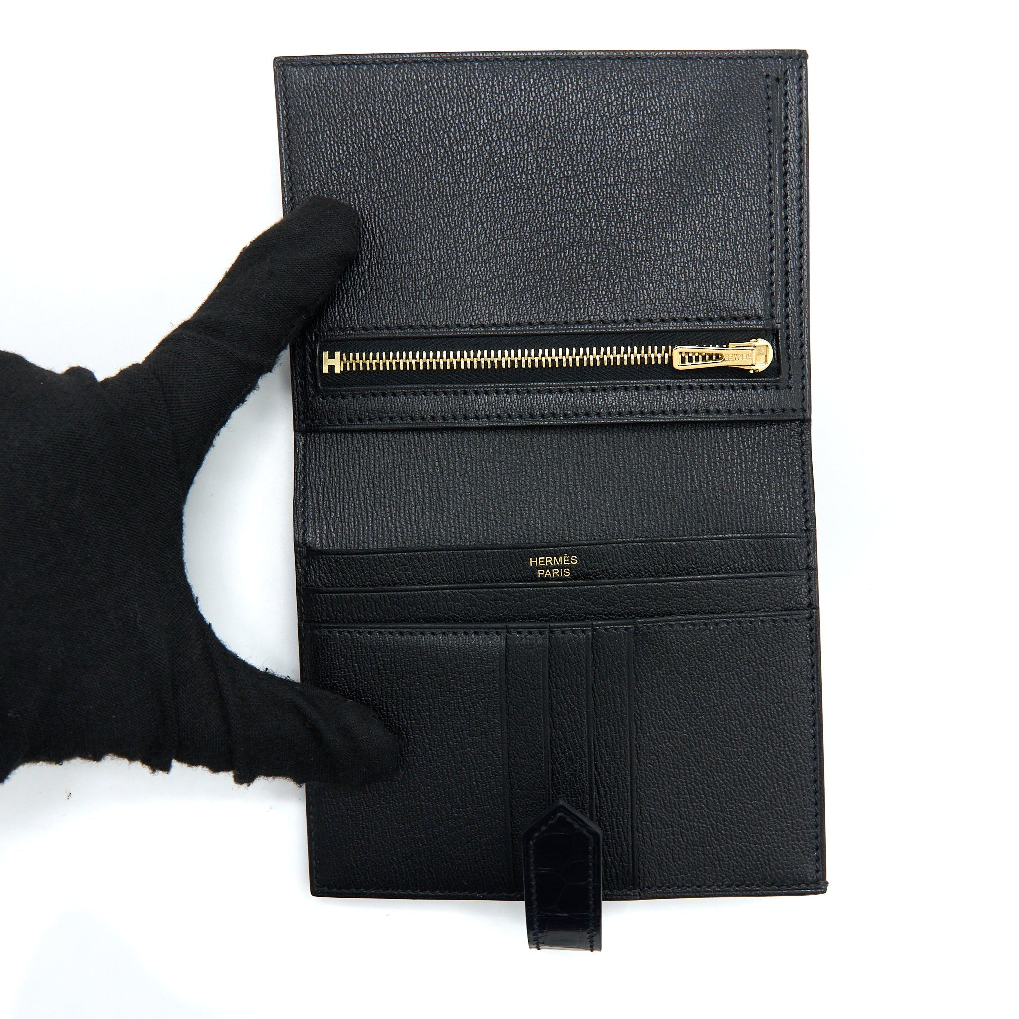 HERMES BEARN WALLET SHINY ALLIGATOR BLACK GHW
